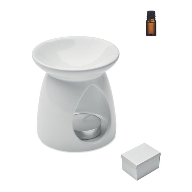 Mitarbeitergeschenk Duftlampe Keramik – weiss – mit Logo bedruckt inkl. Vanille-Öl und Teelicht stimmungsvolle Aromatherapie für Büros