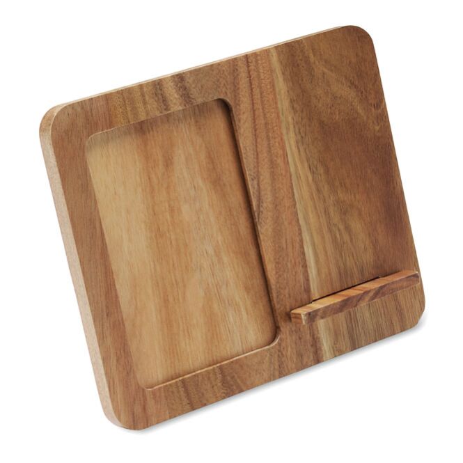 Firmengeschenk Ladestation mit Bilderrahmen und Gravur – holzfarben – induktive Ladestation für Schreibtisch und Büro