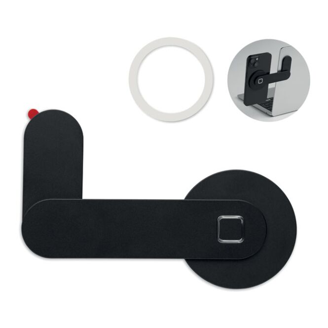 Firmengeschenk Magnetischer Smartphone-Halter Aluminium – schwarz – lasergraviert für das Homeoffice und den Büroalltag