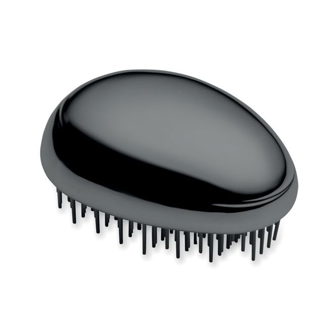 Werbeartikel Haarbürste Anti-Tangle – schwarz – mit Logo bedruckt aus ABS und Aluminium ideal für Messen und Events