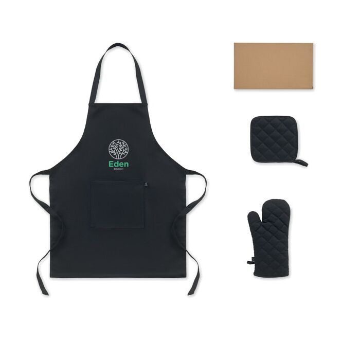 Mitarbeitergeschenk Küchen-Set recy. Baumwolle – schwarz – mit Logodruck 180 g/m² nachhaltige robuste Kochschürze für Firmen & Gastronomie