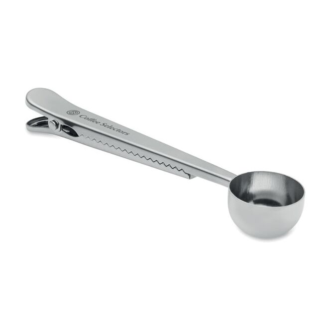 Werbeartikel Dosierlöffel mit Klemme mit Gravur – Silber – praktisches Küchenzubehör für Büro und Gastronomie