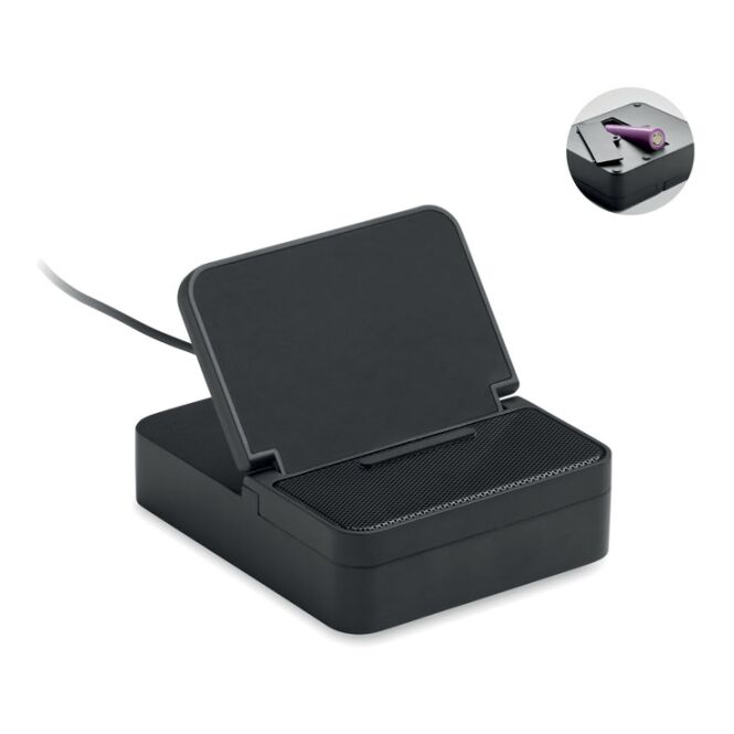 Firmengeschenk Bluetooth Lautsprecher mit 15W Wireless Ladestation – schwarz – mit Logo bedruckt für das Homeoffice