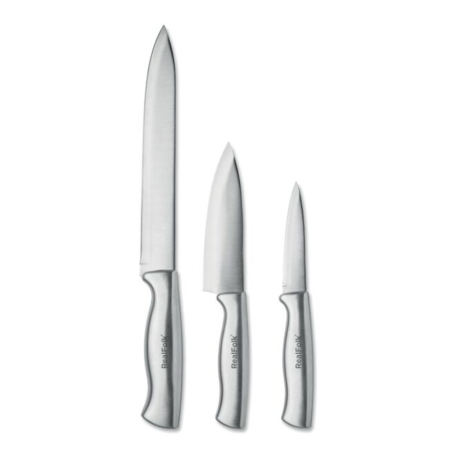 Firmengeschenk 3-tlg. Messerset aus Edelstahl mit Gravur – Silber – professionelle Küchenutensilien für Gastronomie und Büroküche