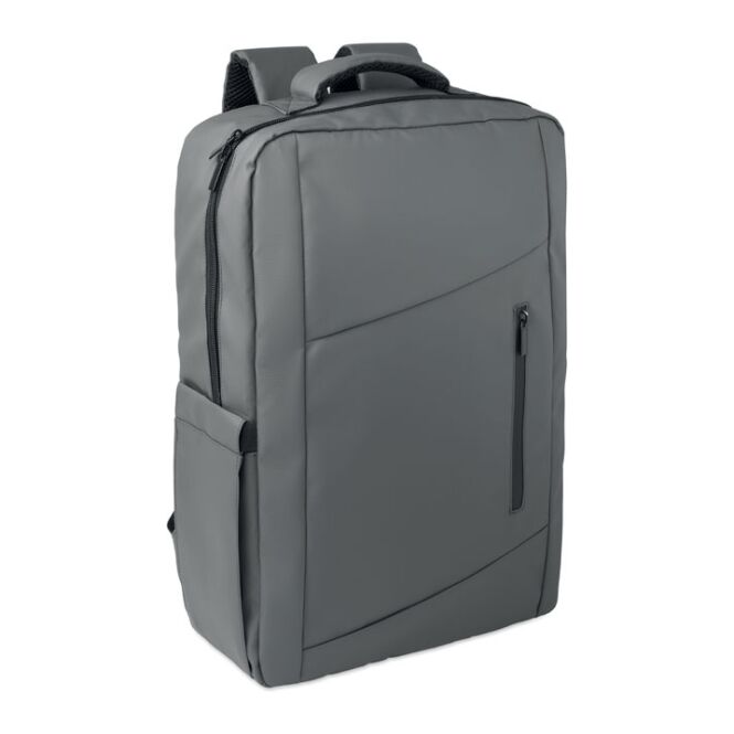 Mitarbeitergeschenk Rucksack 15 Zoll RPET – dunkelgrau – mit Logo bedruckt 15L nachhaltiger Backpack mit Laptopfach für Onboarding