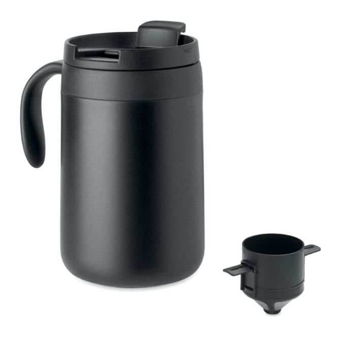Werbeartikel doppelwandiger Becher mit Gravur – Schwarz – auslaufsicheres Trinkgefäß für das Büro
