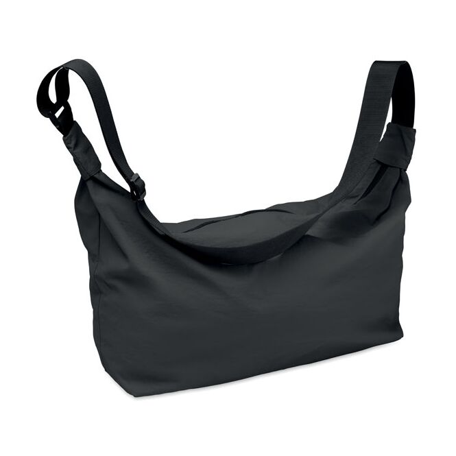 Werbeartikel Urbane Crossbody-Tasche aus PET mit Logodruck – Schwarz – wasserabweisende Umhängetasche für Messen und Business