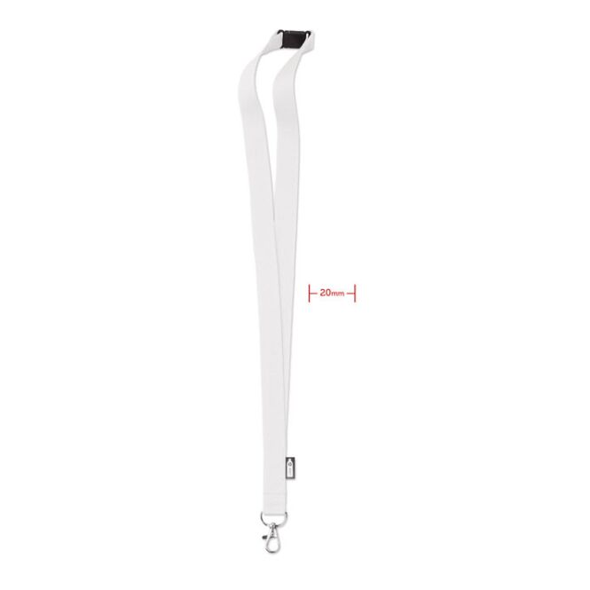 Werbeartikel Schlüsselband RPET – weiß – nachhaltig mit Logo bedruckt 20 mm mit Metallkarabiner und Panikverschluss als Lanyard