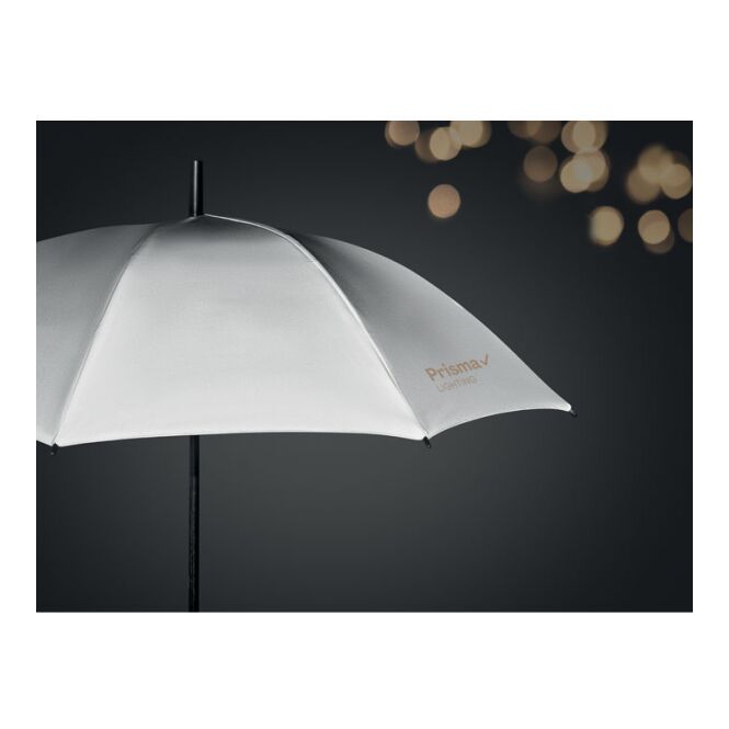 Werbeartikel 23 Zoll Windproof Regenschirm mit Logodruck – Mattsilber – reflektierender Schirm für Sicherheit bei Firmen-Events