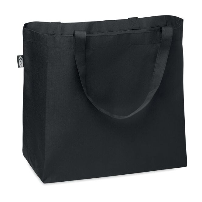 Werbeartikel Shopping Tasche aus RPET mit Logodruck – Schwarz – nachhaltige Tragetasche für Firmen und Messen