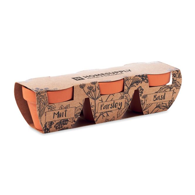 Firmengeschenk Terracotta-Kräuterset mit Gravur – holzfarben – nachhaltiges Pflanzen-Set für Büro und Firmenkunden