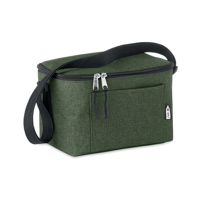 Werbeartikel 6-Dosen Kühltasche aus RPET mit Logodruck – Dunkelgrün – Isolierte Tasche für Messen und Firmenevents