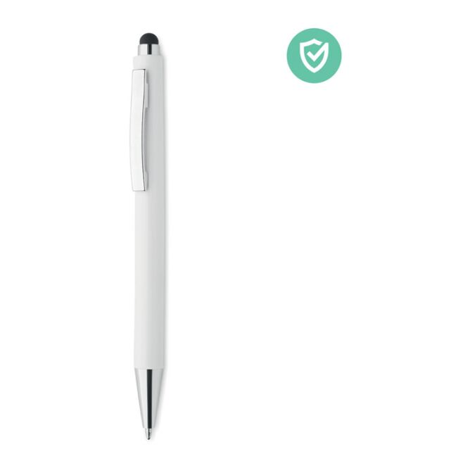 Werbeartikel Antibakterieller Druckkugelschreiber mit Touchpen mit Logodruck – Weiß – antibakterielles Schreibgerät für Büro und Hygiene