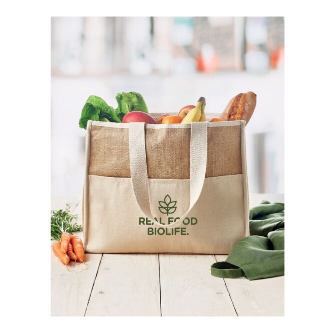 Werbeartikel Jute-Canvas Tasche mit Logodruck – Beige – nachhaltiger Shopper für Messen und den Büroalltag