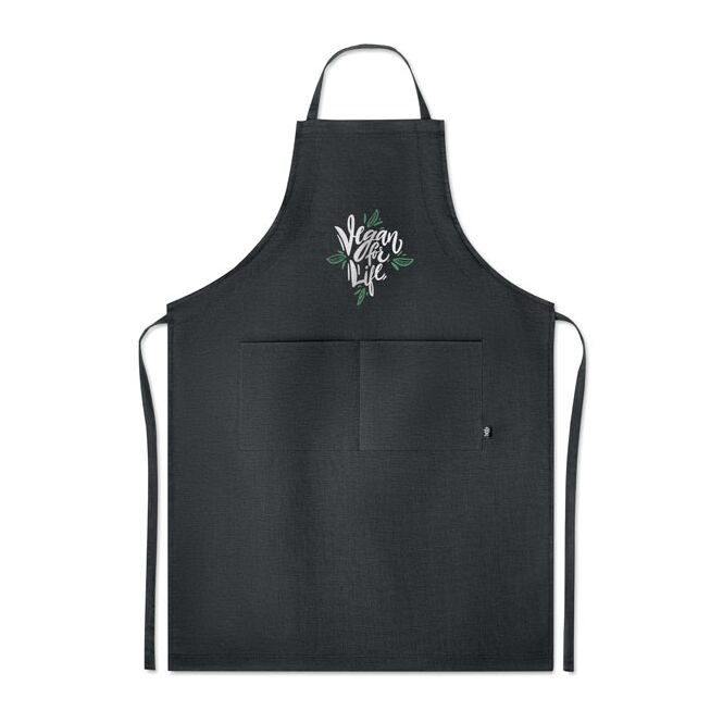 Gastro-Werbemittel Schürze Hanf – schwarz – mit Logo bestickt 200g/m² robuste Kochschürze aus 100% Hanf für Gastronomie, Bars & Restaurants