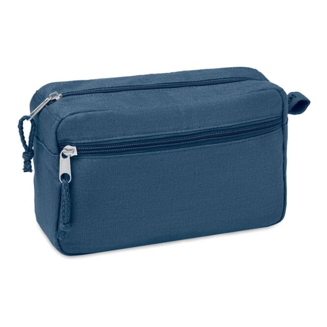 Werbeartikel Kosmetiktasche Hanf – blau – mit Logo bedruckt 200g/m² geräumiger Kulturbeutel als nachhaltiges Firmen-Giveaway für Events