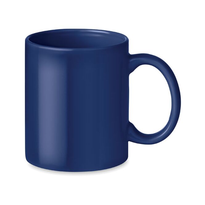 Werbeartikel Keramik Kaffeebecher – blau – mit Logodruck 300 ml für die Büroküche