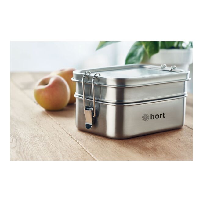Werbeartikel Lunchbox Double Chan aus Edelstahl mit Gravur – mattsilber – hochwertige Aufbewahrung für Büro und Mittagspause
