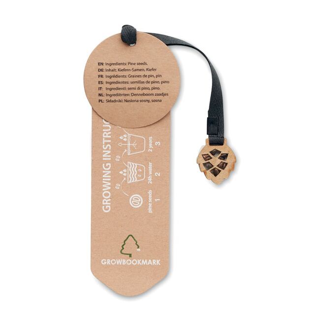 Werbeartikel Lesezeichen Kiefersamen mit Logodruck – Beige – nachhaltiges Pflanzen-Giveaway für Firmen
