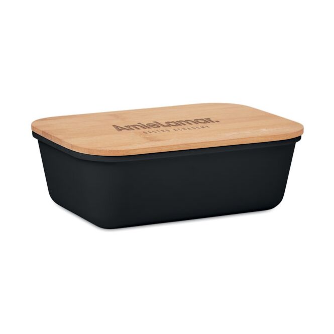 Werbeartikel Lunchbox mit Bambus-Deckel mit Logodruck – Schwarz – nachhaltige Aufbewahrung für Büro und Mittagspause