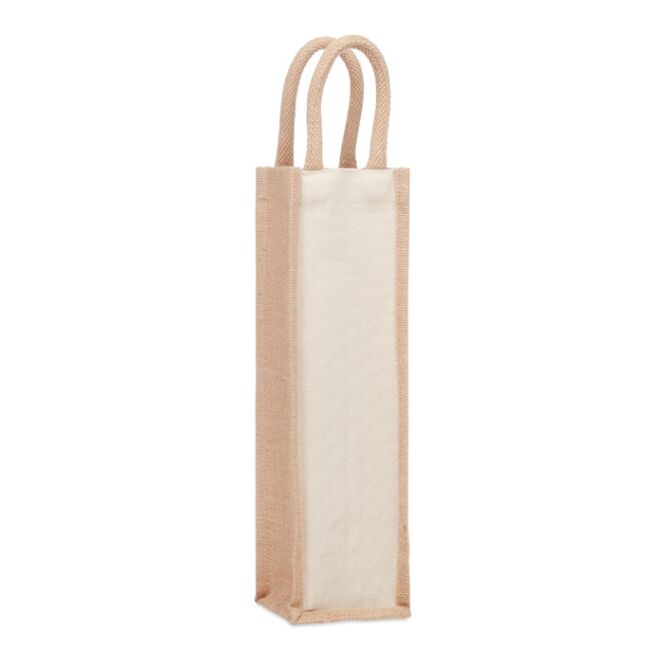 Werbeartikel Flaschen-Geschenktasche Jute mit Logodruck – Beige – nachhaltige Weinverpackung für Firmen