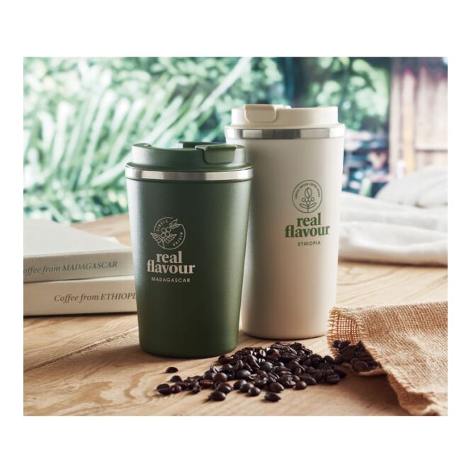 Firmengeschenk Doppelwandiger Edelstahlbecher mit Gravur – 350 ml – Dunkelgrün – Isoliergefäß für Büro und Konferenzen