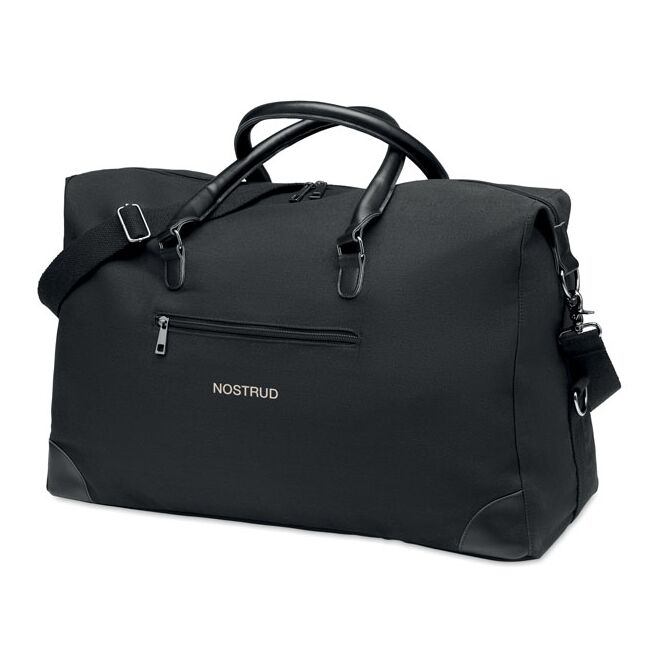 Firmengeschenk Weekender Canvas mit Logodruck – Schwarz – robuste Reisetasche aus recyceltem Material für das Handgepäck