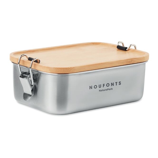 Firmengeschenk Lunchbox Edelstahl mit Bambusdeckel mit Gravur – Holzfarben – nachhaltige Aufbewahrung für Büro und Kantine