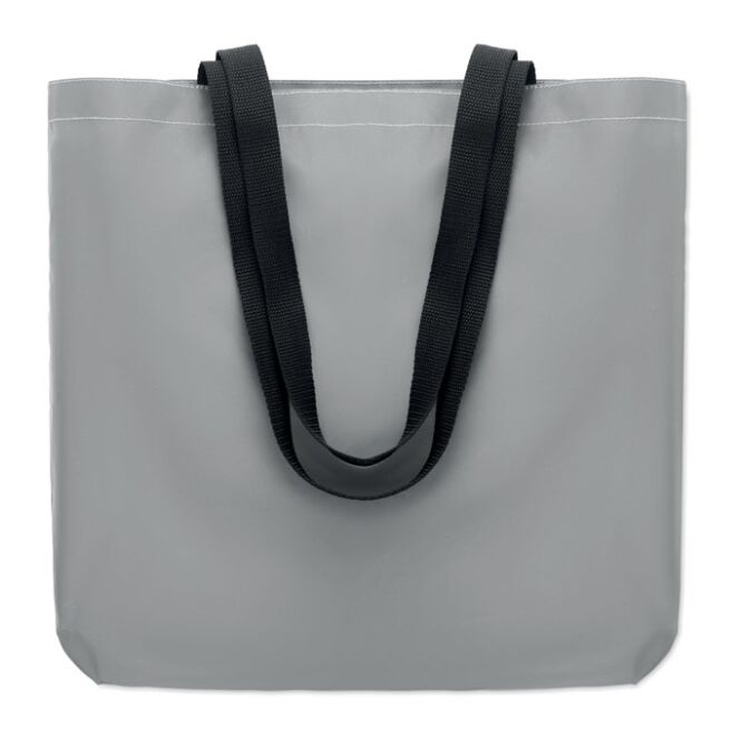 Werbeartikel reflektierende Einkaufstasche mit Logodruck – Mattsilber – strapazierfähige Polyestertasche für Messen und Firmenveranstaltungen