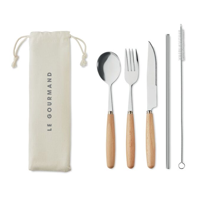 Gastro-Werbemittel Besteck-Set Edelstahl – beige – mit Logodruck Edelstahl Buchenholz als nachhaltiges Tafelservice für Gastronomie, Bars &