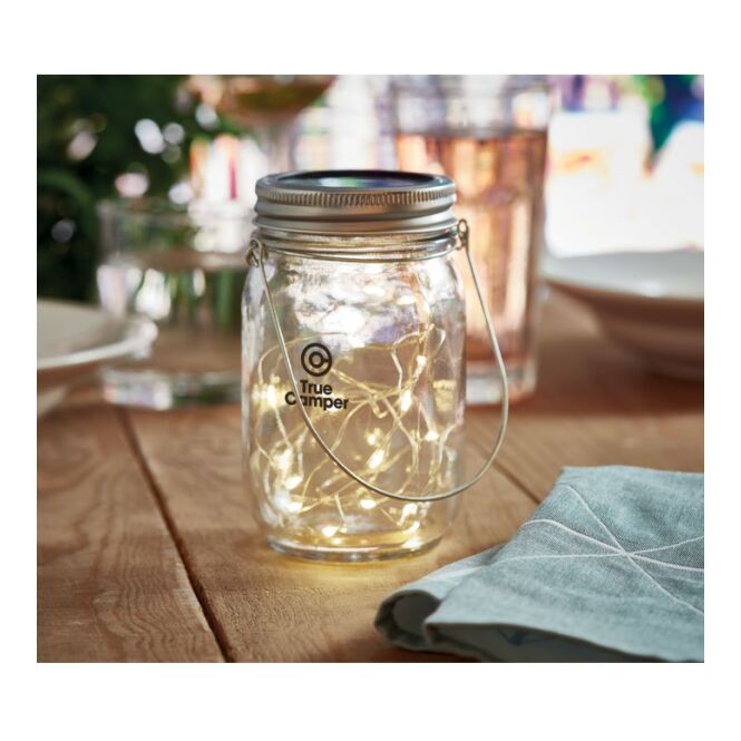 Firmengeschenk Solar-Licht im Glas – weiß – mit Logo bedruckt nachhaltig 20 LEDs 300 mAh Batterie für den Außenbereich und Events