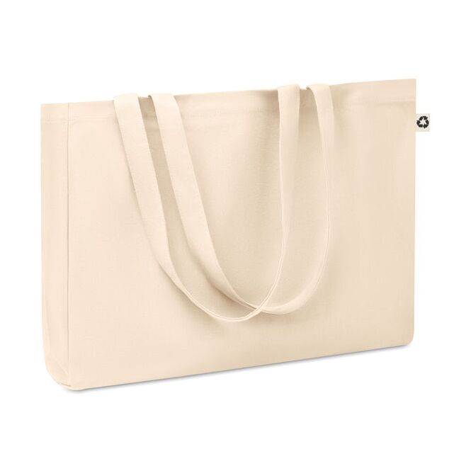 Werbeartikel Canvas-Tasche aus recycelter Baumwolle mit Logodruck – Beige – nachhaltige Einkaufstasche für Unternehmen