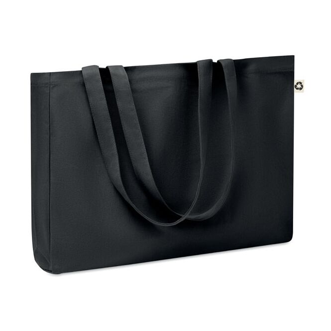 Werbeartikel recycelte Canvas-Tasche mit Logodruck – Schwarz – nachhaltiger Shopper für Messen und Büro