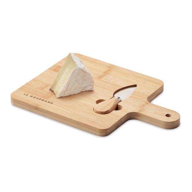 Firmengeschenk Käsebrett-Set mit Servierbrett und Käsemesser mit Gravur – Holzfarben – exklusives Küchenutensil für Kunden und Büro