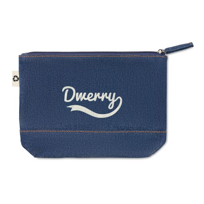 Werbeartikel Kosmetiktasche aus nachhaltigem Denim – blau – mit Logo bedruckt – geräumiger Kulturbeutel als praktisches Messe-Giveaway