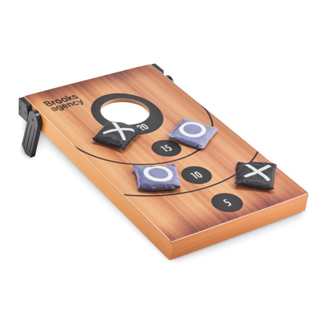 Event-Giveaway Sandsack-Wurfspiel mit Logodruck – Holzfarben – interaktives Team-Spiel für Büro und Firmenfeiern