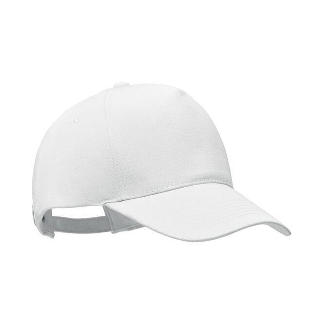 Mitarbeitergeschenk Cap Organic Cotton – weiß – mit Logo bestickt 5-Panel 250g/m² gebürstete Baumwolle klassisches Baseball Cap für Unternehmen
