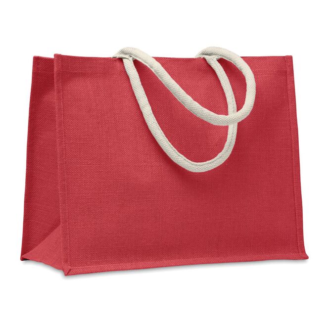 Messe-Werbemittel Jutetasche rot – mit individuellem Logodruck – kurze Tragegriffe, robuster Jutebeutel für Promotion-Aktionen