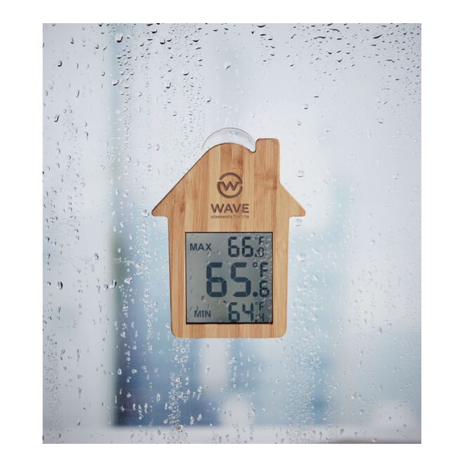 Werbeartikel Thermometer Haus mit Gravur – Holzfarben – nützliches Messinstrument für Büro und Unternehmen