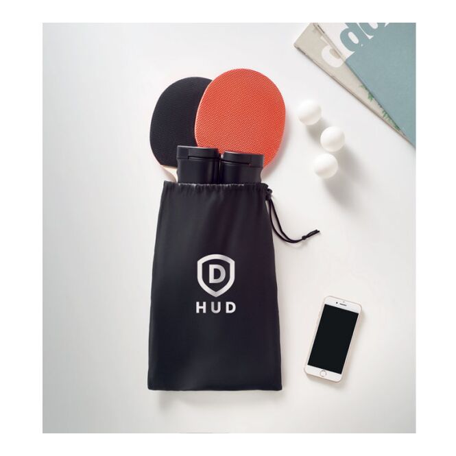 Werbeartikel Tischtennis-Set aus RPET mit Logodruck – Schwarz – Spieleset für Events und Messen