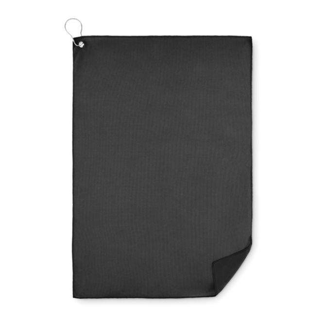 Werbeartikel Golfhandtuch aus RPET mit Logodruck – Schwarz – 40x60cm Sport-Textilie für Turniere und Firmenveranstaltungen