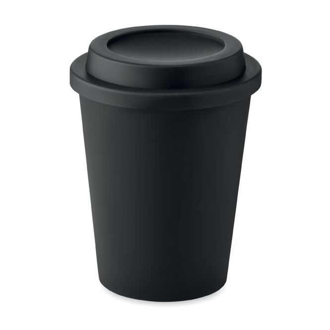 Werbeartikel Doppelwandiger Becher mit Logodruck – 300 ml auslaufsicher – Schwarz – Isoliergefäß für Büro und Konferenzen