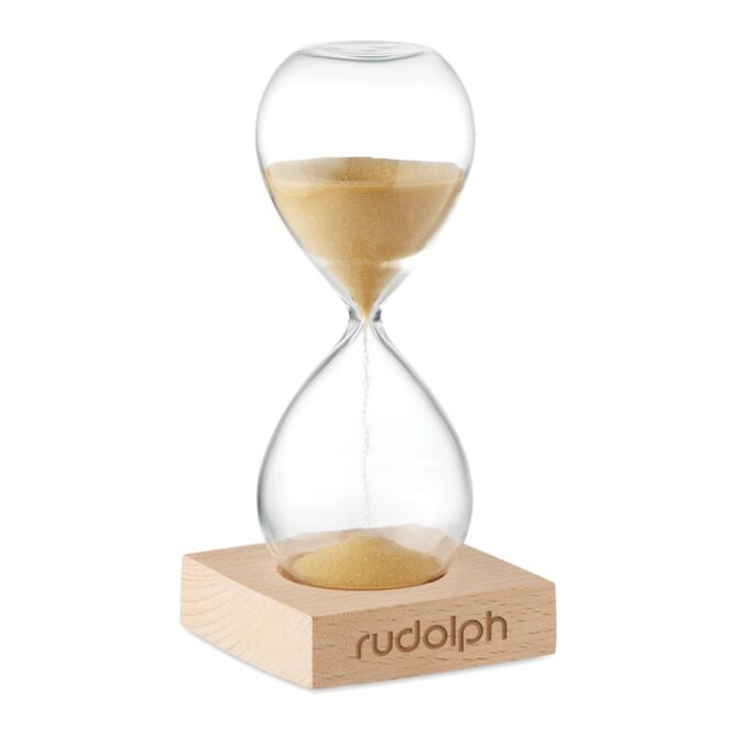 Werbeartikel Sanduhr 5 min mit Gravur – Beige – stilvolles Büroaccessoire für Unternehmen