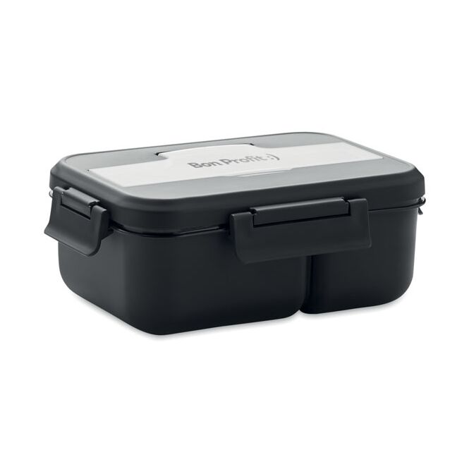 Werbeartikel Lunchbox PP mit Besteck und Henkel mit Logodruck – Schwarz – multifunktionale Vorratsdose für Büro und Mittagspause
