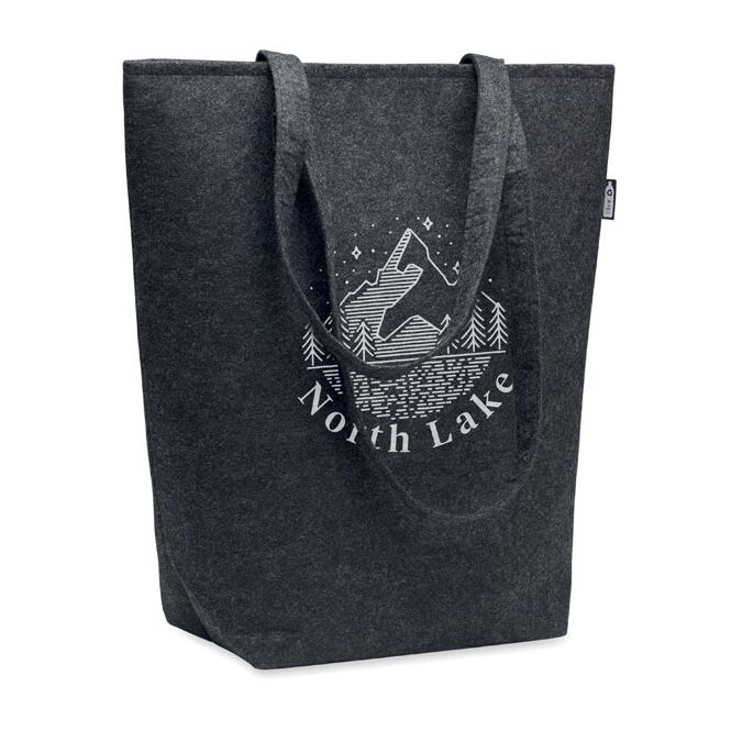 Premium-Werbeartikel Filztasche RPET-Filz – dunkelgrau – mit Logo bedruckt als nachhaltige robuste Einkaufstasche für Firmen-Events