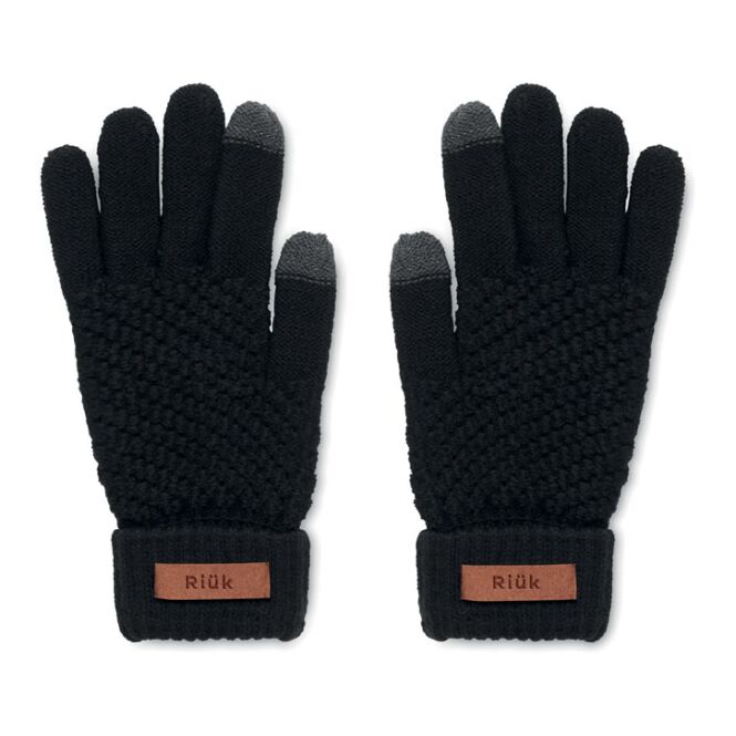 Mitarbeitergeschenk Touchscreen Handschuhe Recycled PET – schwarz – mit Logo bedruckt, leitfähige Fasern, für das Mitarbeiter-Onboarding