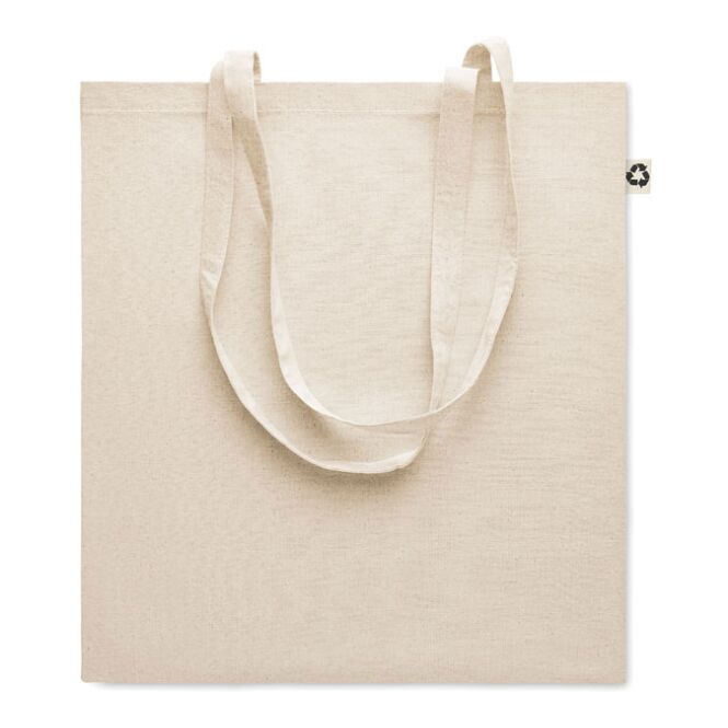 Werbeartikel Einkaufstasche Zoco aus recycelter Baumwolle mit Logodruck – Beige – nachhaltige Stofftasche für Messen und Firmenevents