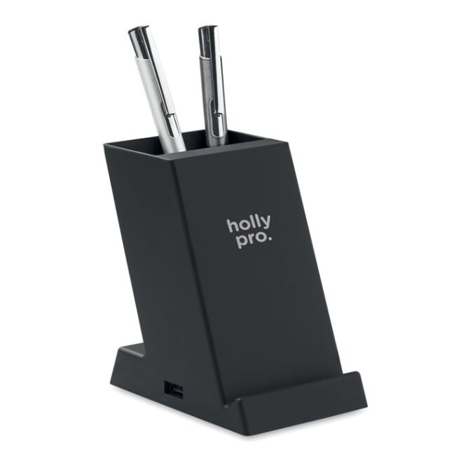 Firmengeschenk kabelloses 10W Ladegerät ABS mit Logodruck – Schwarz – induktive Ladestation für Büro und Schreibtisch
