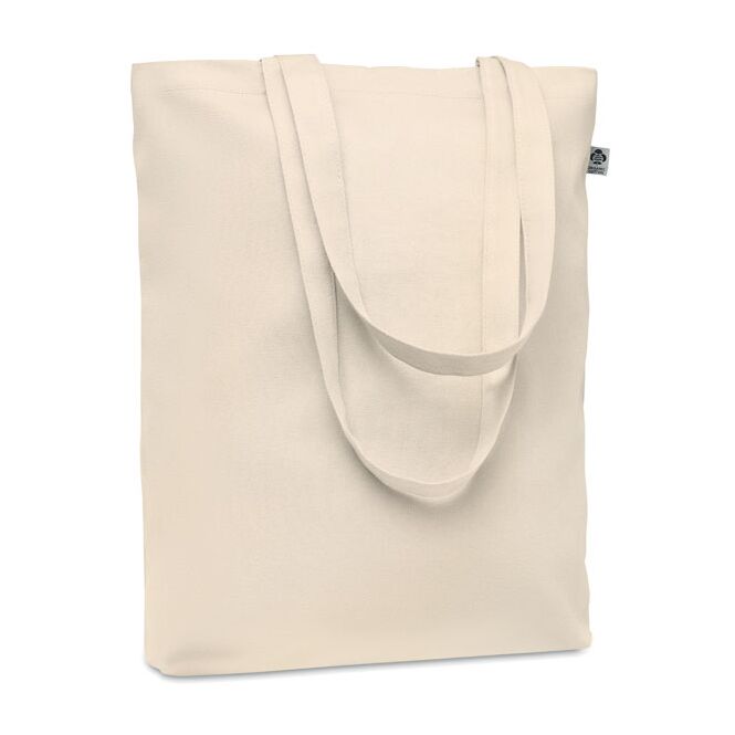 Werbeartikel Einkaufstasche aus Organic Cotton mit Logodruck – Beige – nachhaltige Stofftasche für Messen und den Handel