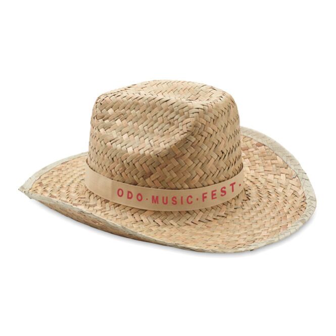 Werbeartikel Cowboy-Hut Stroh – beige – mit Logodruck 100% natürliches Stroh mit Polyester-Band nachhaltiges Accessoire für CSR-Promotions